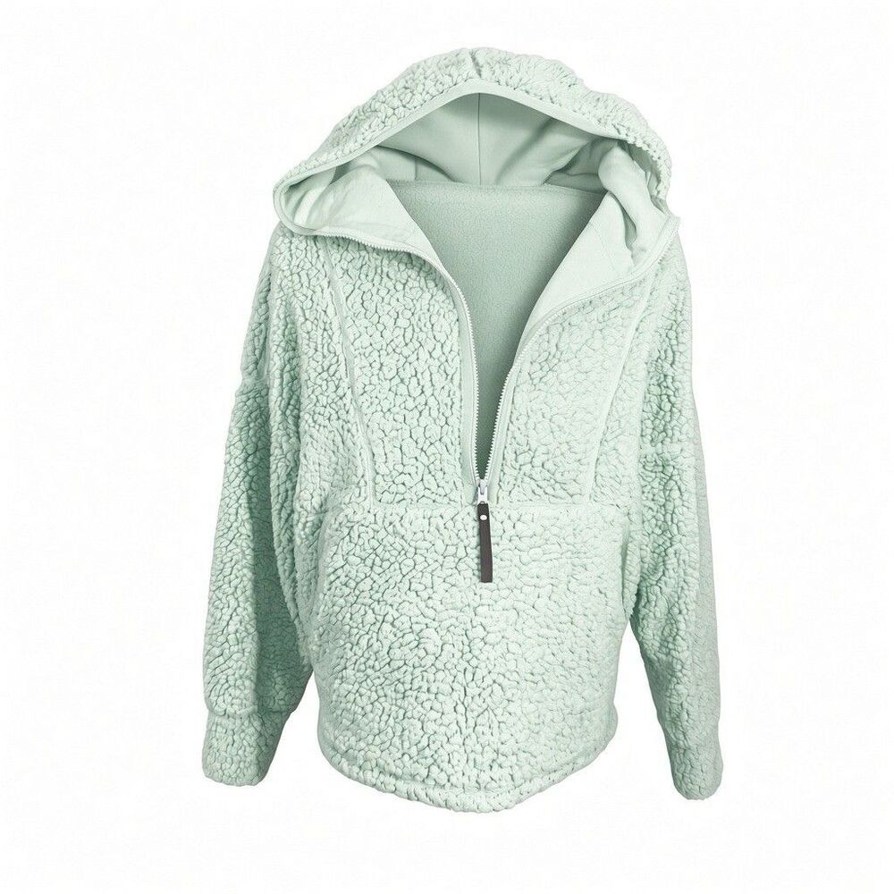 Prana Womens Hooded Sherpa Jacket 1/2 Zip Soft Fuzzy Pullover Size Large